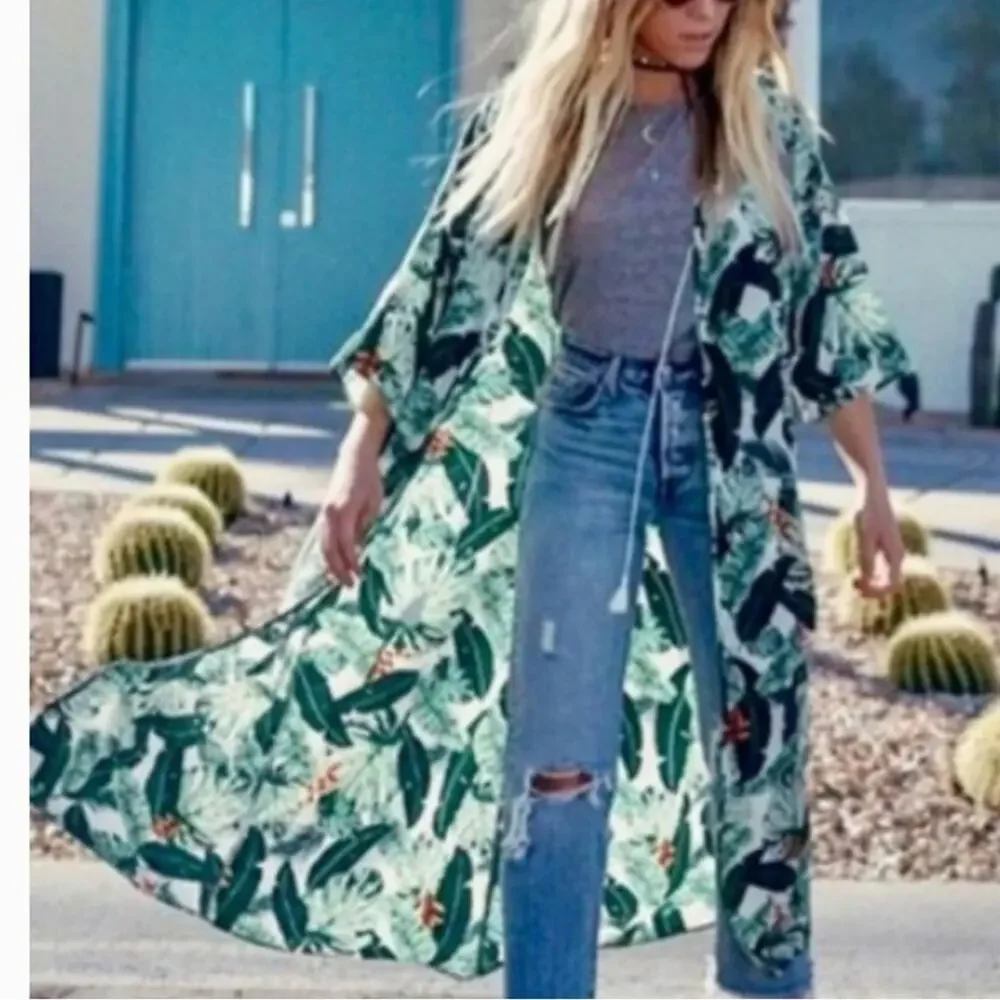 Rachel Zoe Palm Print Caftan in Green and White One Size